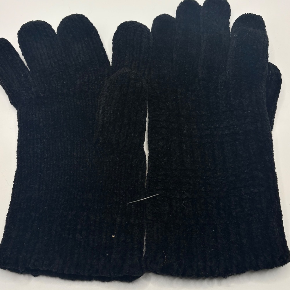 Vintage Black Chenille Knit Gloves Soft Warm Winter Plush Ribbed One Size